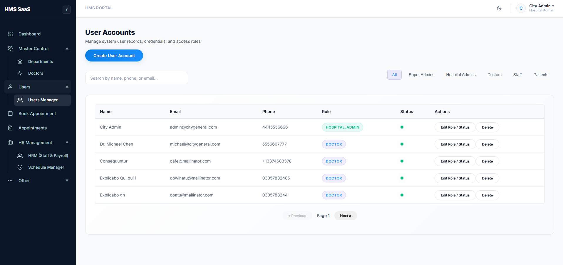 Nixo HMS 360 users management screenshot